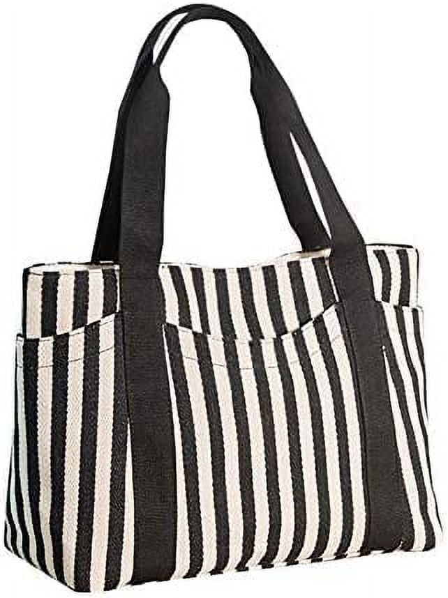 Zhuge Medium Tote Handbag Black & White Striped Daily Satchel Shoulder Purses with Multi-Pockets Canvas Vaction Work Tote with Zipper Spring Summer Beach Bag Gifts for Womens (M Black+White)