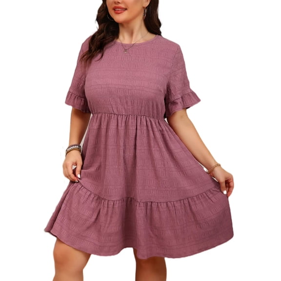 Cuteduck Womens Plus Size Dresses Short Sleeve Ruffle Hem Tiered Textures Babydoll Dress 0X-4X