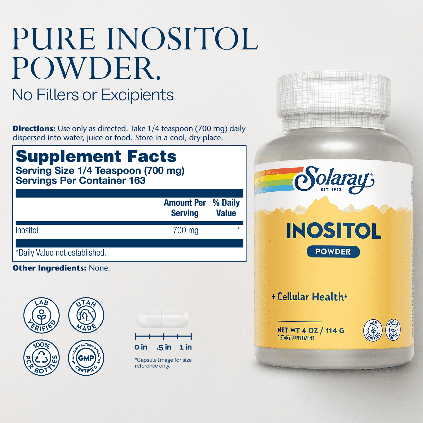 Solaray Inositol, Powder, Unflavored (Btl-Plastic) 700mg | 4oz