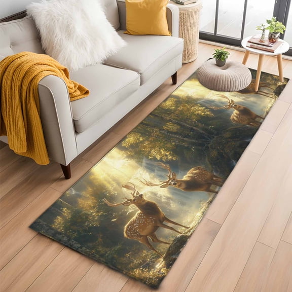 Golden Forest Deer Kitchen Runner Rug 2x6 Washable Runners for Hallway Non Slip Fantasy Vintage Nature Scenery Large Area Rug Indoor Floor Carpet for Bathroom Laundry Entryway Bedroom Living Room