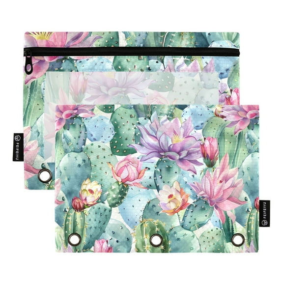 Blooming Cacti Flowers 2 Pack Pencil Pouch for 3 Ring Binder Smooth Zipper Folders with Pockets Clear Window Pencil Case