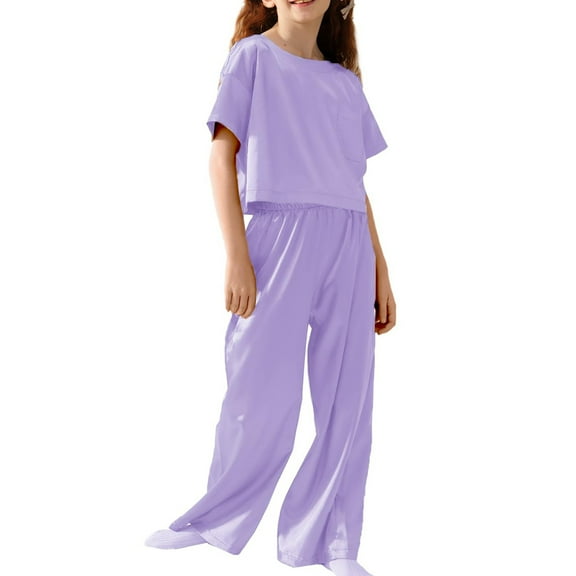 PXLKNZH 5-13Years Girls 2 Piece Outfits, Kids Fashion Short Sleeve T Shirts and Wide Leg Pants Set Tracksuits Summer Vacation Casual Loungewear Purple,9-10 Years
