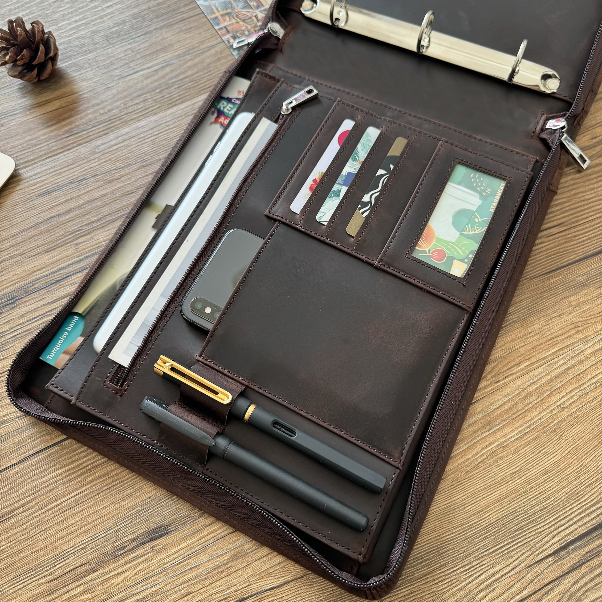 Business 3 Ring Check Binder, Genuine Leather Check Book Portfolio for 3 Holes or 9 Holes Checks, Check Book Binder for 11 1/4"x9", Crazy Horse Leather (Dark Brown)