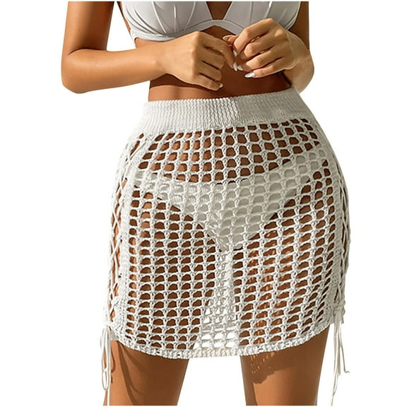 Women's Crochet Cutout Cover Up Short Skirt Elastic High Waist Tassel Tassel Knit Mini Beach Skirt Swimwear Cover Up