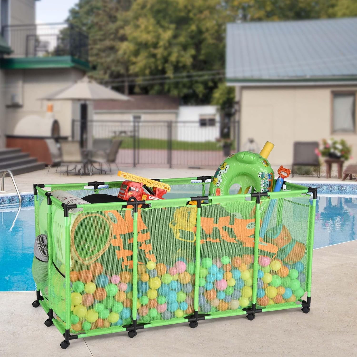 Mesh Pool Storage Bin Rolling Storage Coating Metal Frame Organizer Swimming Toys Holder Pool Float Holders Metal Frame Sturdy Connector, XXX-Large, 65" L x 30" W x 33" H, Green