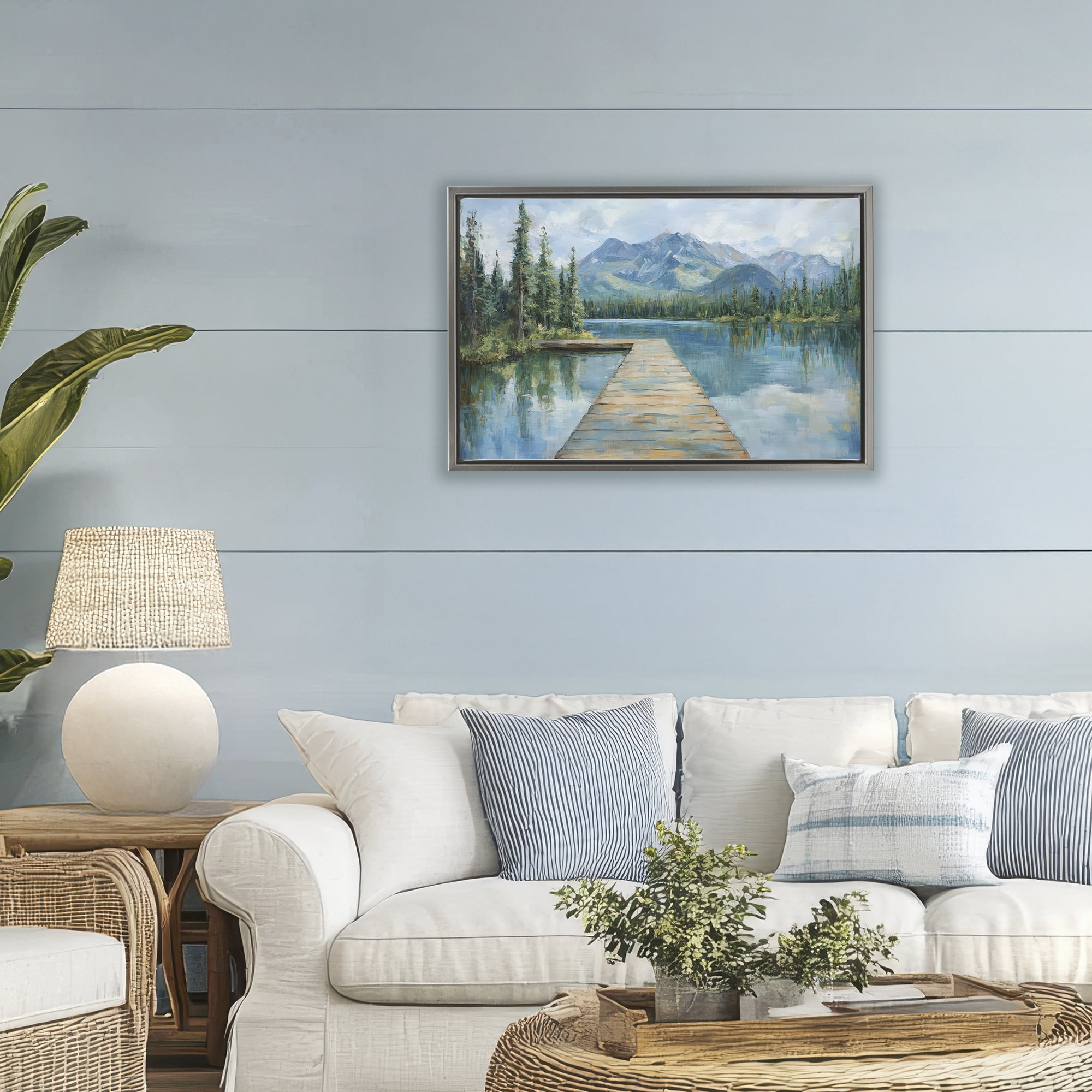 Stupell Industries Peaceful Lake Dock in the Mountains Gray Framed Floater Canvas Wall Art, design by Petal Prints Design