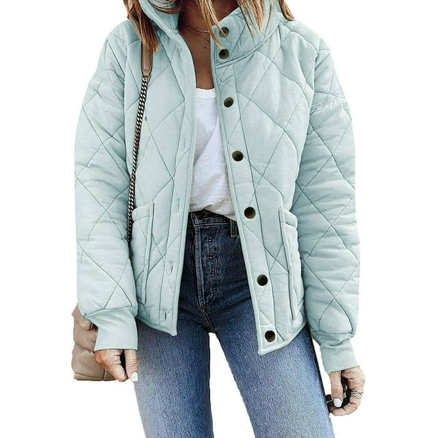 Womens Lightweight Quilted Jacket Button Long Sleeve Stand Collar Warm Winter Coat