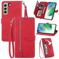 thumbnail image 1 of SaniMore Case for Samsung Galaxy S21 FE 5G 6.4", PU Leather Zipper Wallet Detachable Lanyard Retro Embossed Flower Crad Slots Flip Kickstand Full Body Protective Drop-proof Case, Red, 1 of 15