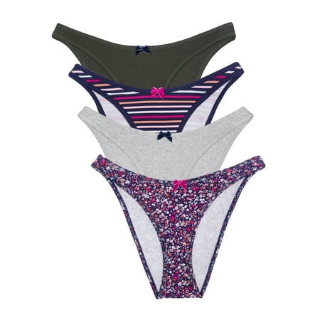 

No Boundaries Solid Printed Striped Bikini Cheeky High Cut Panty (Women s or Juniors) 4 Pack