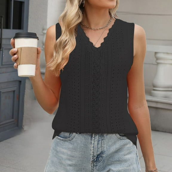 V Neck Tank Tops for Woman Trendy Tops Loose Solid Color V Neck Sleeveless Shirts Tank Tops Black