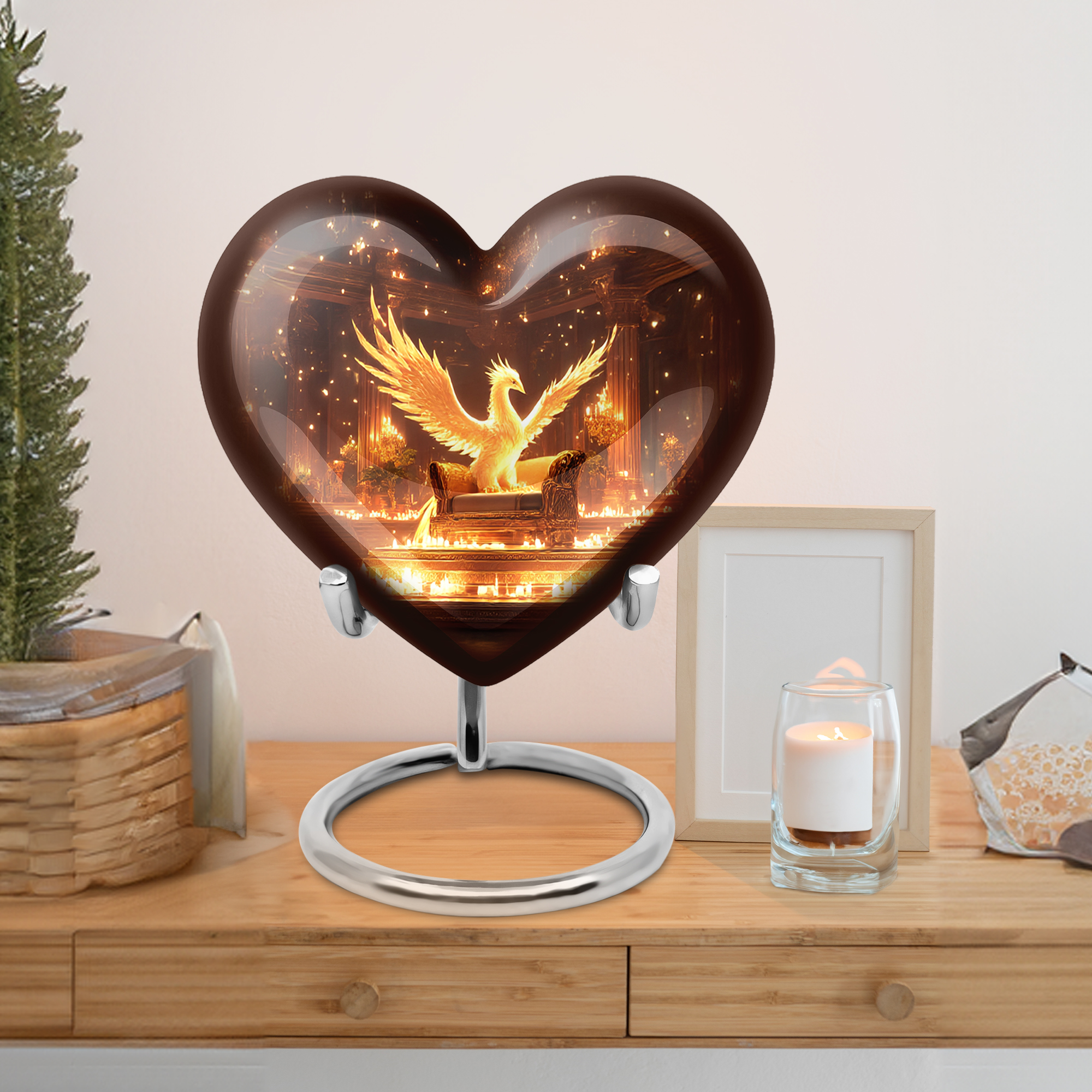 MUKTIVE Phoenix Large Urns for Human Ashes Adult for Burial, Memorial Heart Urns for Adult Female & Male, Decoartive Brown Ash Urn for Women, 8 Inch