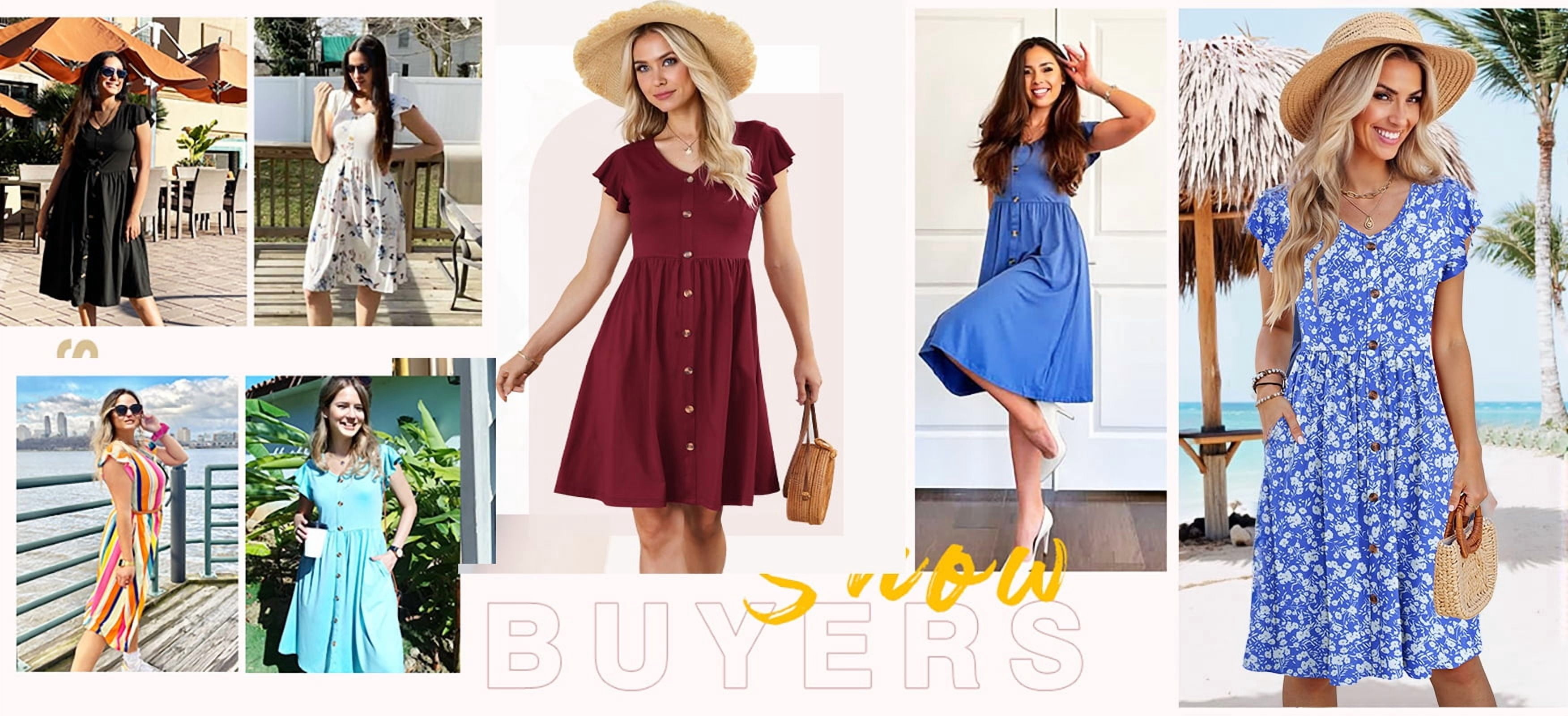 Fantaslook Women Summer Dresses V Neck Ruffle Sleeve Casual Flowy Sundresses Button Floral Midi Dress with Pockets