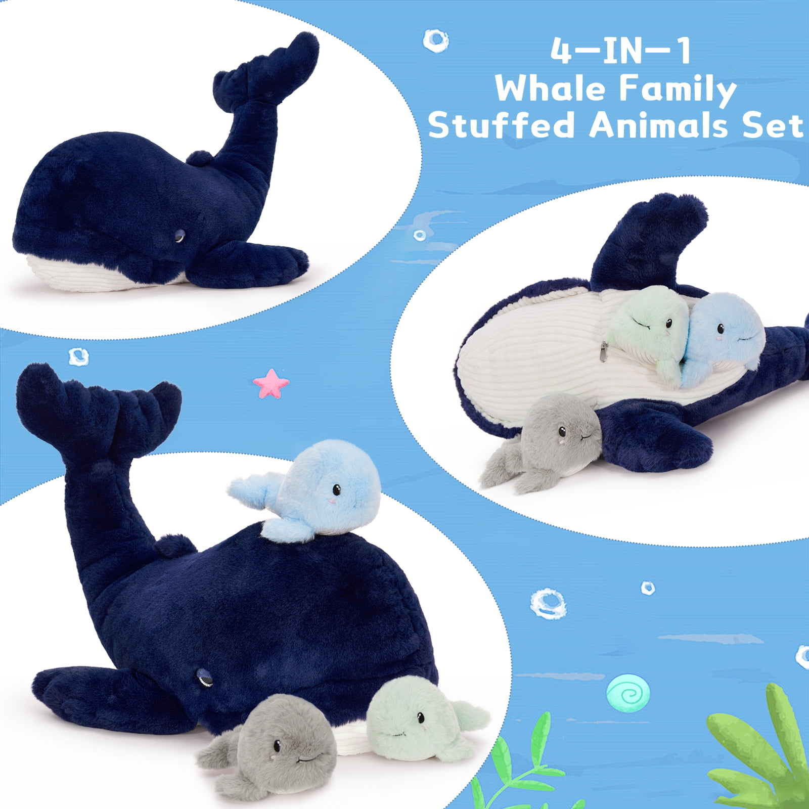 MaoGoLan 4pcs Blue Whale Stuffed Animals 19'' Giant Whale With 3 Whale Babies Plush Toy