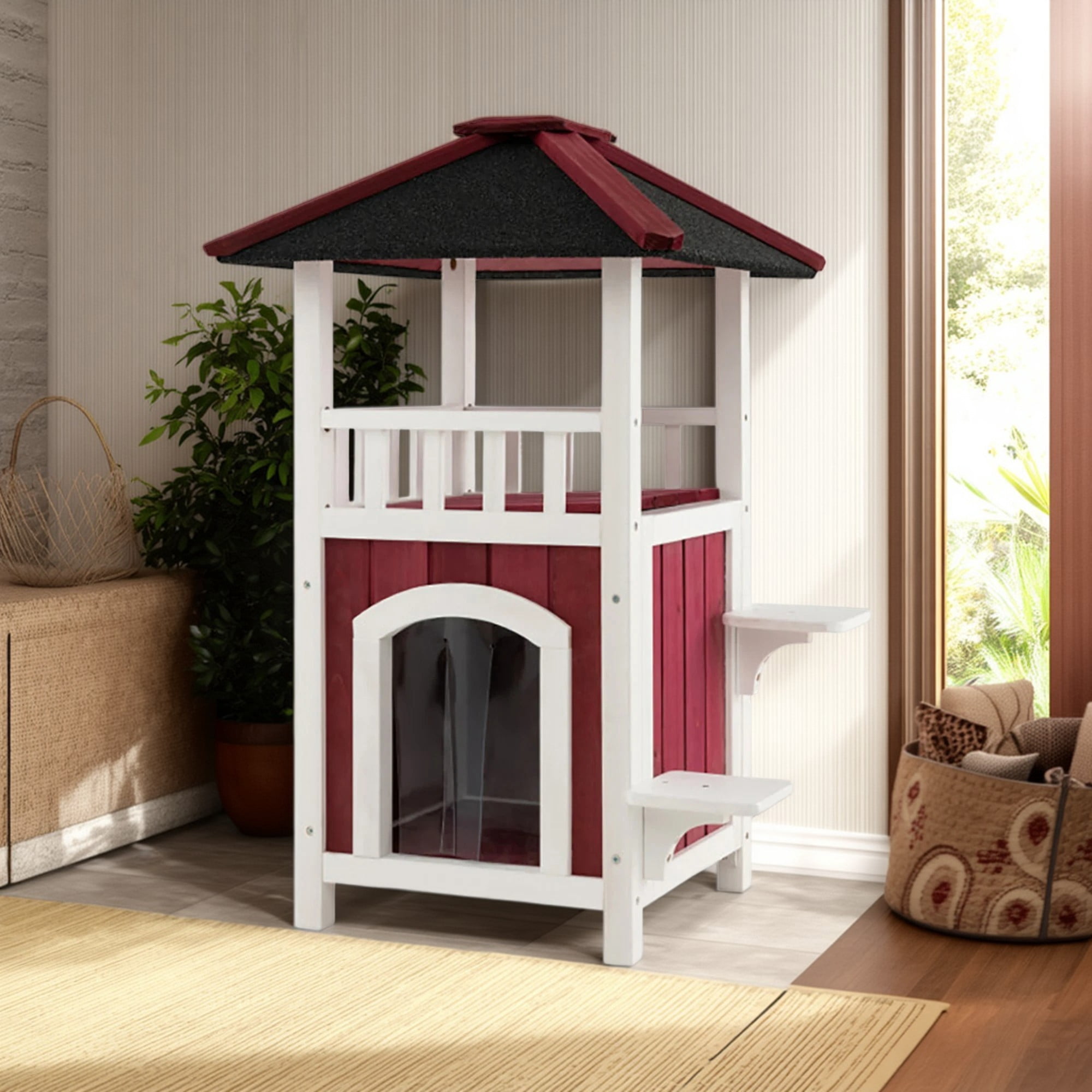 Pefilos 34" Wooden Pet Cat House for Outdoor and Indoor, Feral Cat Shelter with Jumping Platforms, Red