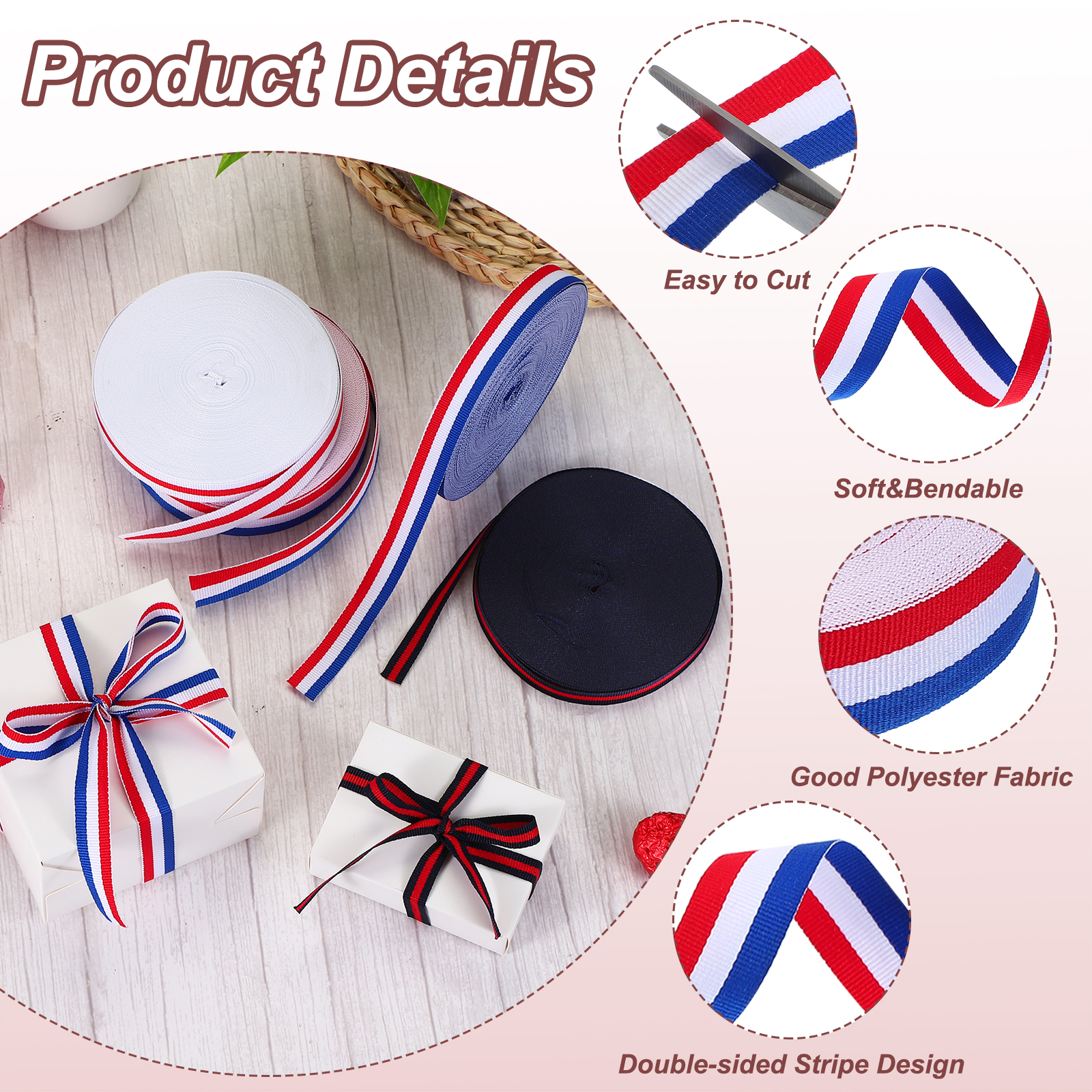 Uxcell 6/8" Red White Blue Striped Grosgrain Ribbon 25 Yard Polyester Stripe Ribbon