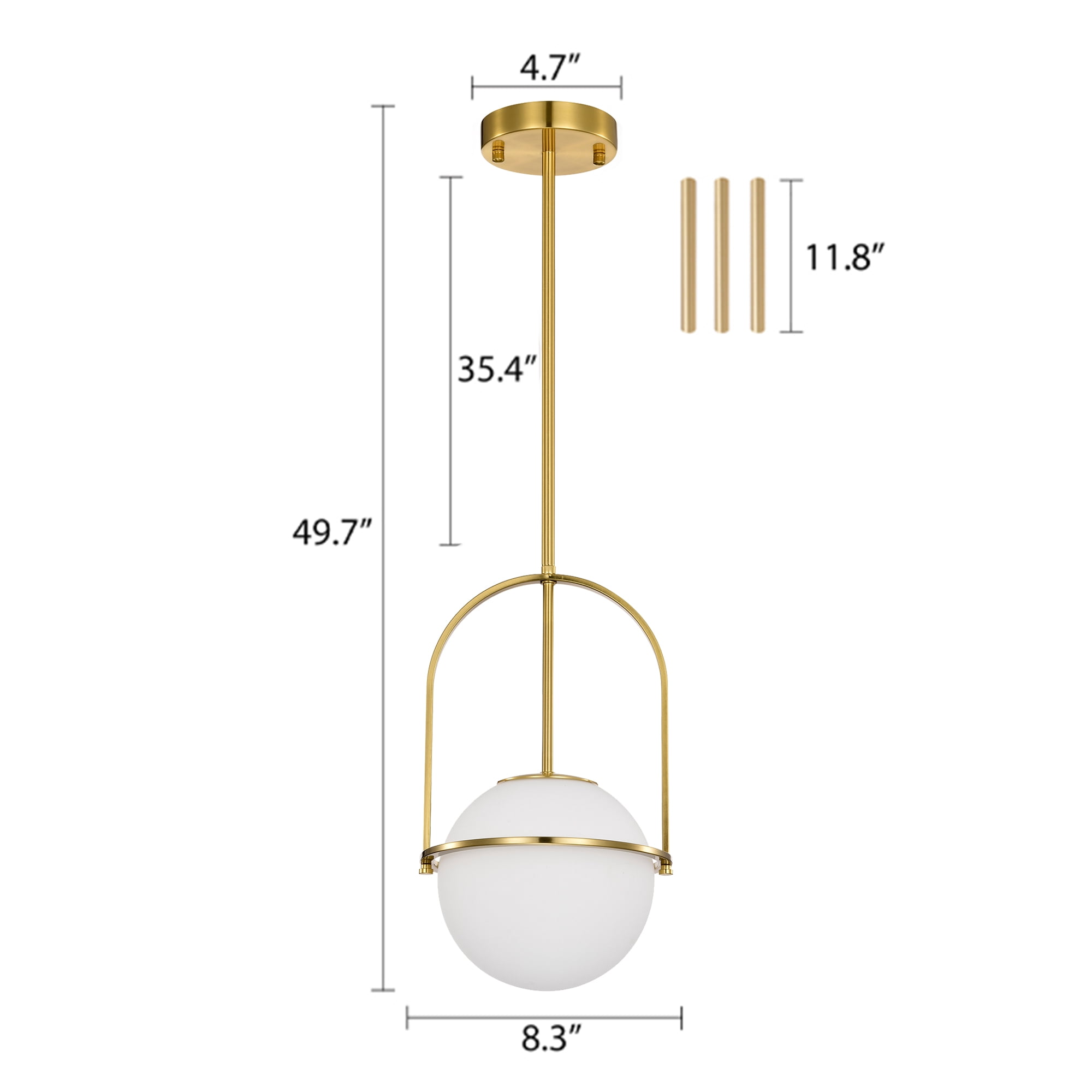 Gold Pendant Light Fixture with 7.1 in Milk Glass Globe Shade Adjustable Hanging Ceiling Light for Kitchen Island, 1-Light