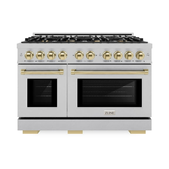 ZLINE Autograph Edition 48 in. 6.7 cu. ft. Double Oven Gas Range with 8 Burner Cooktop in DuraSnow Stainless Steel and Polished Gold Accents (HGRSZ-48-G)