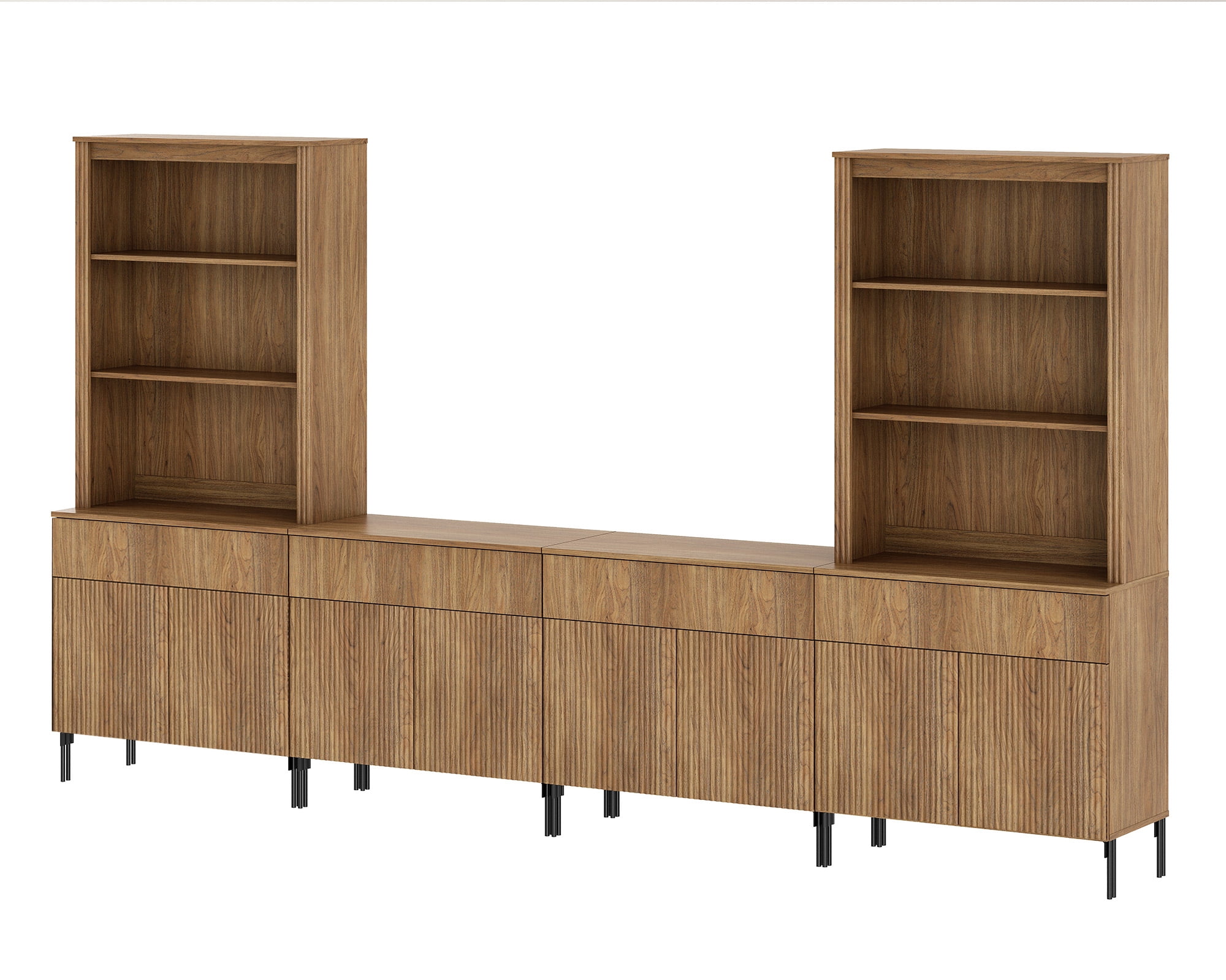 71.6"H X 126"W Set Of 4 Bookcase with Storage Cabinets, 14 Tier Bookshelf with Fluted Doors and Drawers, Large Modern Display Cabinet For Living Room Bedroom Home Office Kitchen
