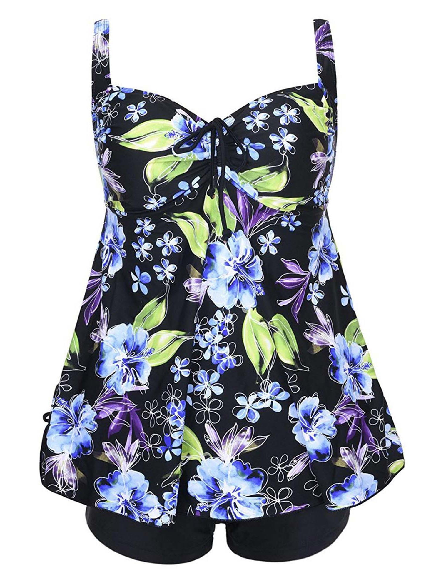 Plus Size Blue Floral Print Tie Back Fashion Cinch Swimsuit Tankini Set ...