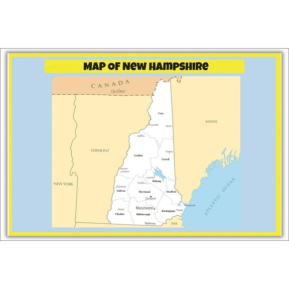 Map of New Hampshire - Laminated Wall Map Poster Print Perfect for Classrooms and Homes - Vivid Imagery with Bright Colors - 18x24