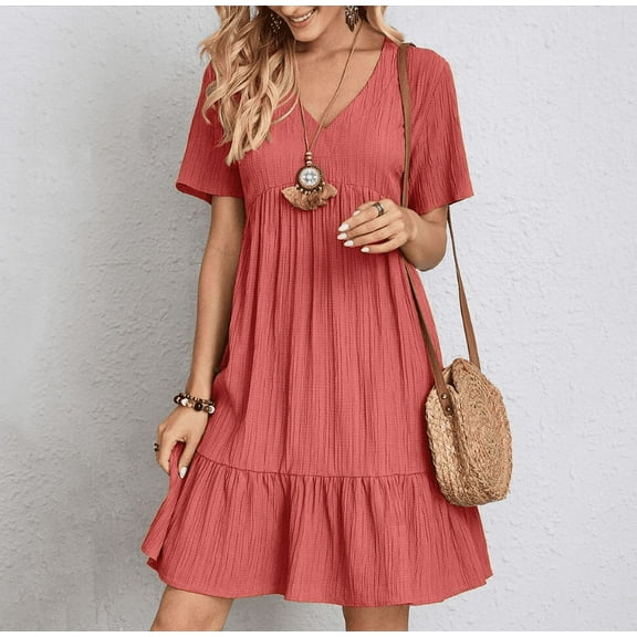 Summer Dresses for Women Vacation Short Sleeve v Neck Mini T Shirt Dress Pleated Ruffle Flowy Beach Sundresses