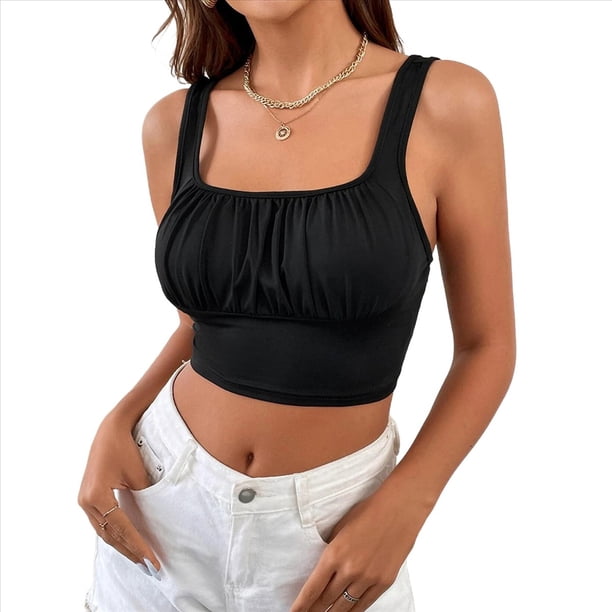 Top Corto Sin Mangas con Escote Cuadrado y Corsé Fruncido para Mujer, Top Corto Sin Mangas para Salir de Verano Negro S