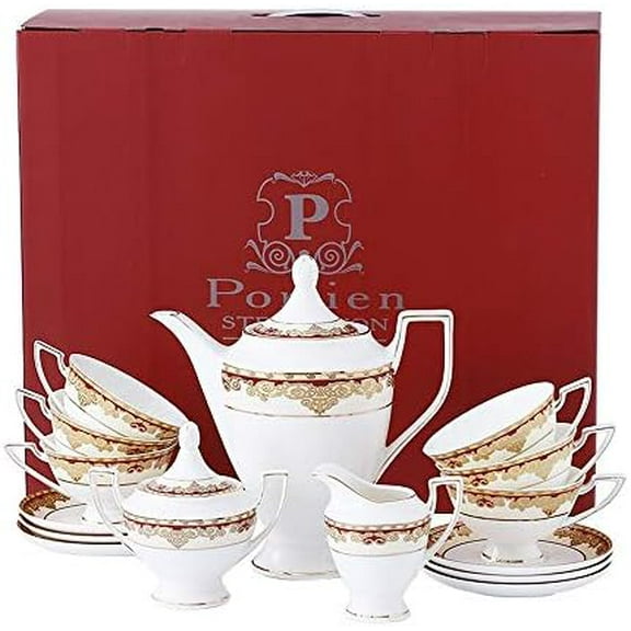 Exquisite Bone China 17-piece Tea Set for 6, Porcelain Tea Set with Teapot, Red Pattern Trimmed with Gold