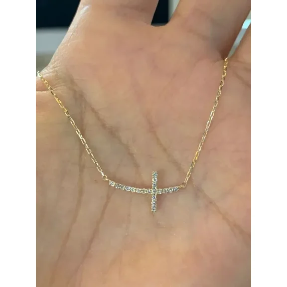 14K Yellow Gold Plated 1.00Ct Round Cut Lab Created Diamond Sideways Cross Pendant Necklace 18"
