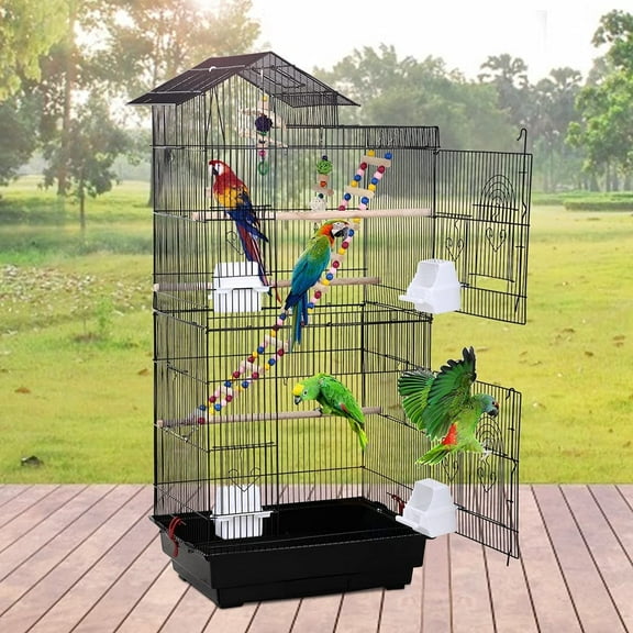 Dkeli 39"H Parrot Cage Metal Large Roof Top Bird Cage Double-Door Parakeet Cage with Ladder and Swing, Black