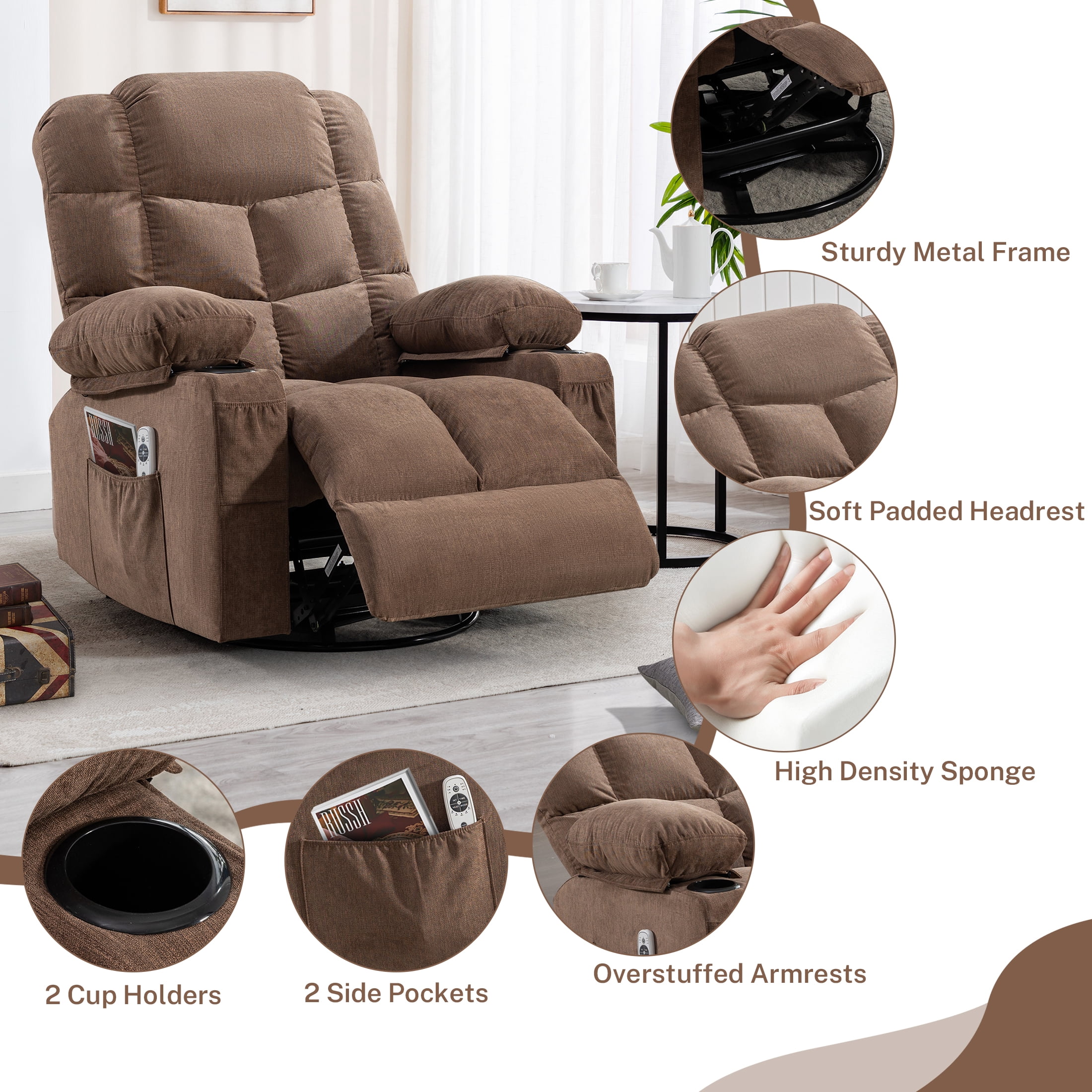 Sesslife Swivel Rocker Recliner Chair with Heat and Vibration Massage, Manual Fabric Lounge Chair with Side Pockets, 2 Cup Holders, USB Charge Port, Single Sofa Chair for Bedroom Theater, Brown