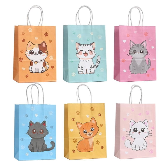 Cat Kraft Paper Gift Bag Set, 6-Pack, printed cat design, paper handles, for birthday, party favors, small gifts, decorative paper bags