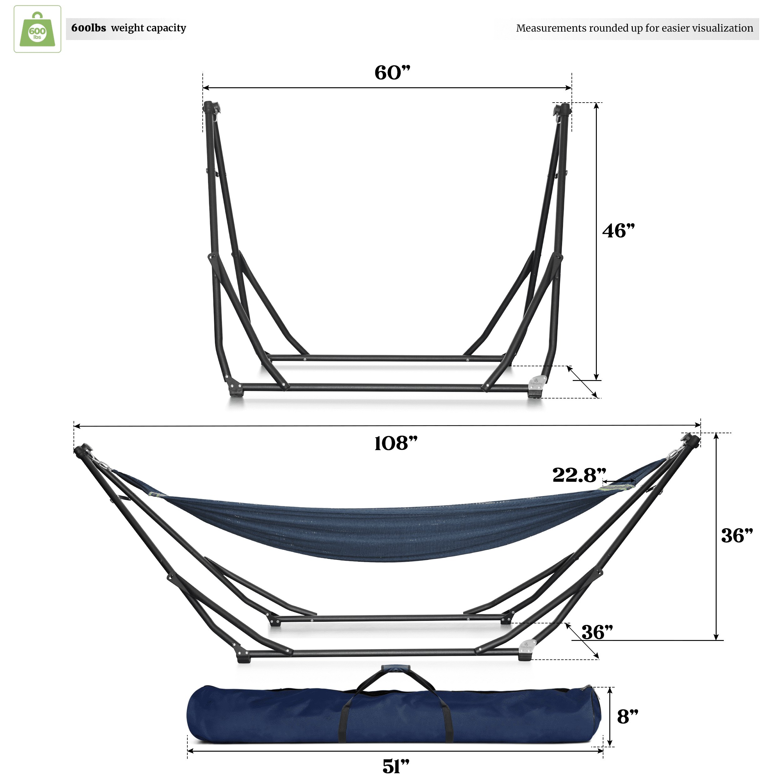Tranquillo UniGen Hammock/Hammock with Stand for Outside, Double Hammock for 2 Persons Foldable Portable Hammock Stand 600 lbs Capacity/Portable Hammock with Stand Foldable, Moss Green