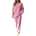 thumbnail image 2 of Lounge Set Summer Casual Oversized Shirts Women Fashion Casual Solid Color Round Neck Long Sleeved Long Pants Set for Home Keep Warm Comfortable Homewear Hot Pink Free Size, 2 of 5