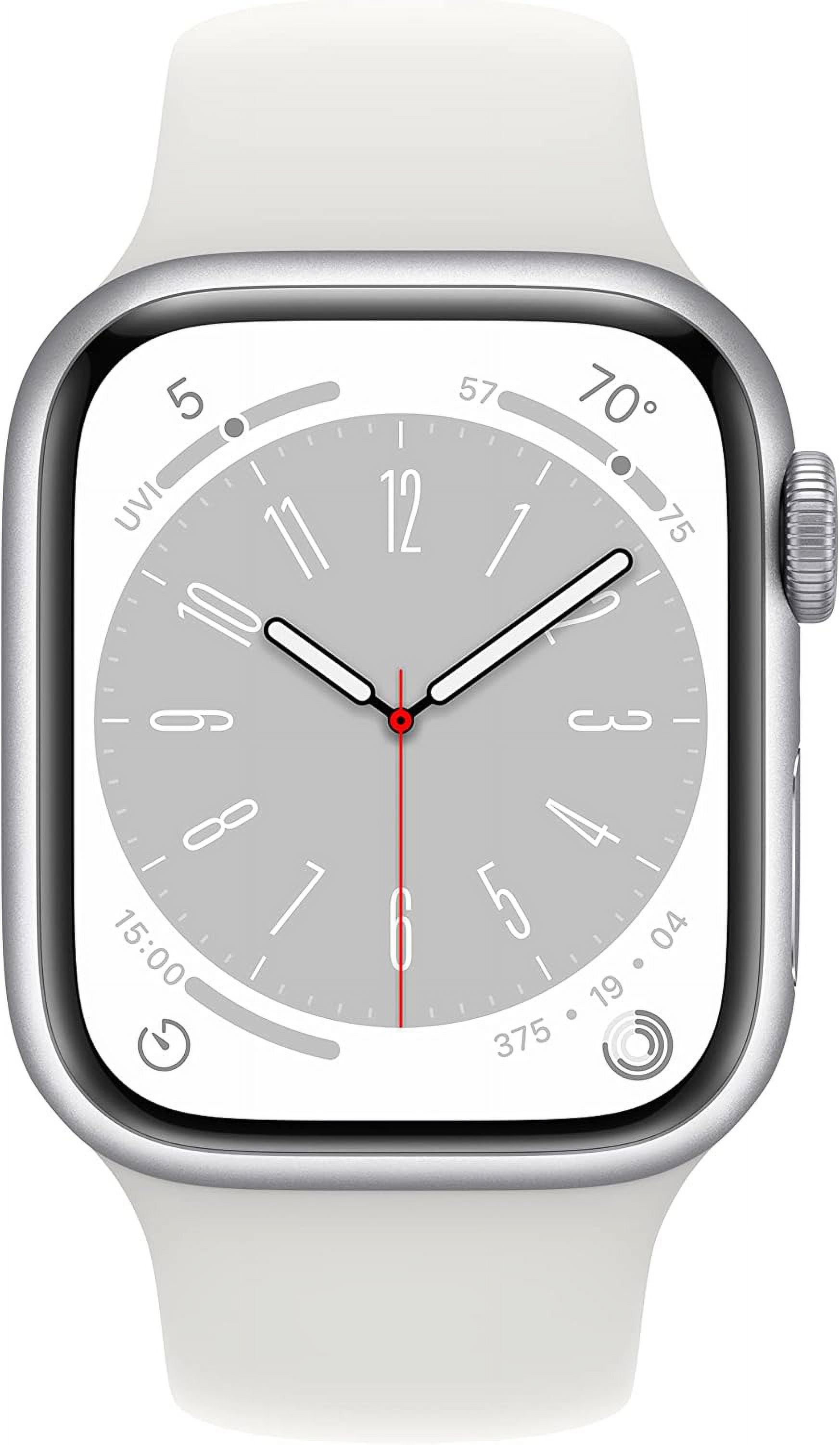 Restored Apple Watch Series 8 (GPS + Cellular, 45 mm) Silver Aluminum Case with Silver Sport Band Bundle 5 Bonus Bands, Charging Stand, Screen Protector, & 2 amp charger (Refurbished)