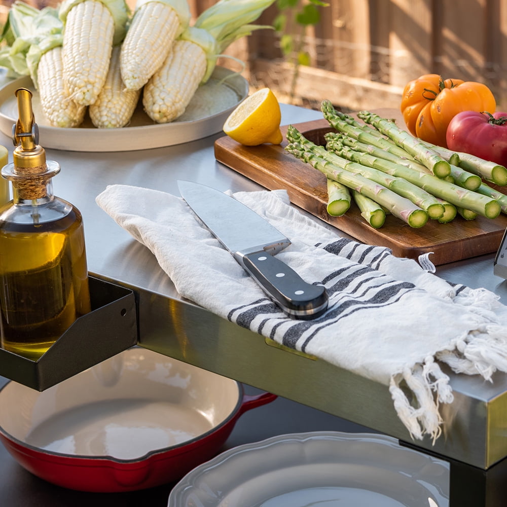 Nexgrill Outdoor Stainless Steel Food Prep Cart w/ Double Shelves, Paper Towel Holder, Hooks, Condiment Tray, Trash Bag Holder