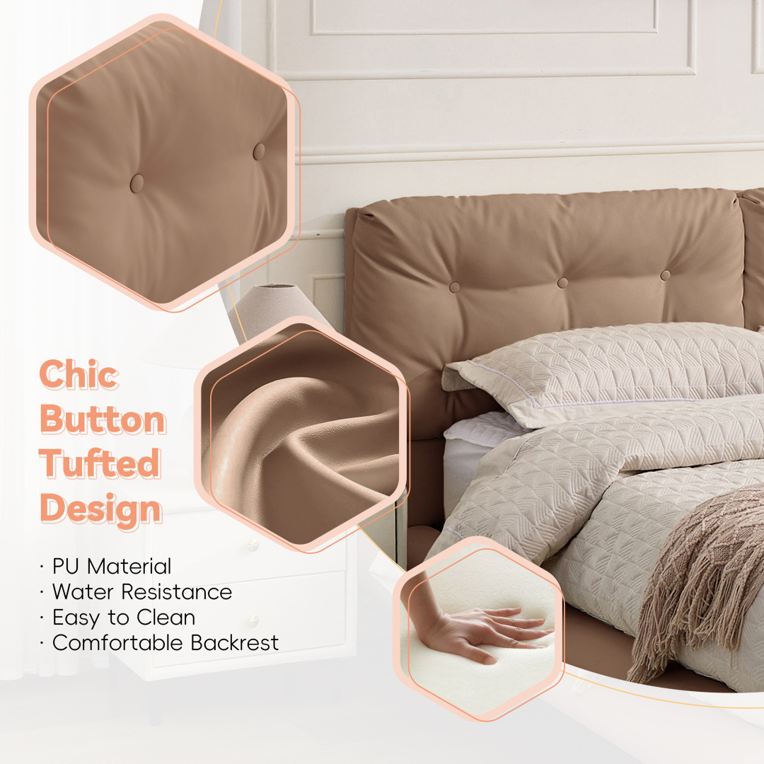 Queen Size Floating Bed Frame with LED Lights, Upholstered Platform Bed with Button Tufted Headboard, No Box Spring Needed, Easy Assembly, Khaki