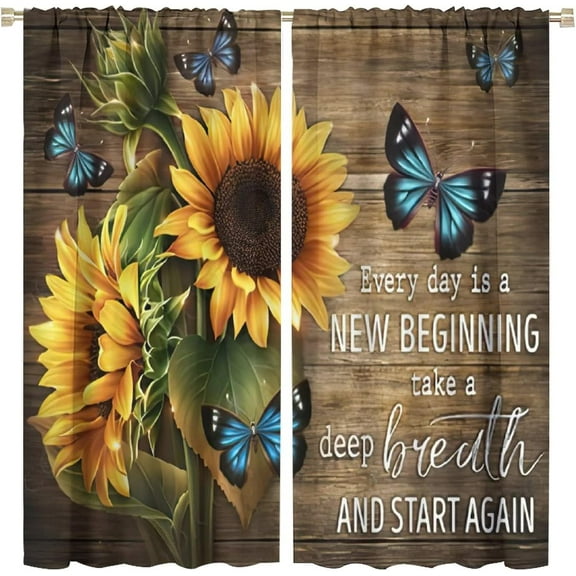 Retro Sunflower Curtains Plants Floral Butterfly Rustic Farmhouse Wooden Board Decor Window Treatment for Kitchen Bedroom Living Room Children''s Room Rod Pocket Blackout Window Drapes 42x54in
