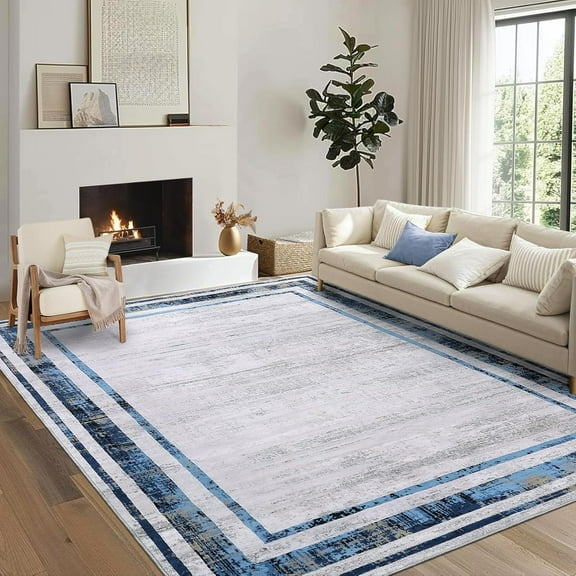 Funslane 8' x 10' Modern Washable Area Rugs Rug, Non Slip Carpet, Stain-Resistant Floor Mat for Living Room Bedroom Home Office, Navy Blue