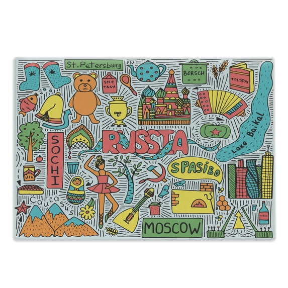 Doodle Cutting Board, Russia Themed Cartoonish Graphic of Colorful Landmark Print, Decorative Tempered Glass Cutting and Serving Board, in 3 Sizes, by Ambesonne