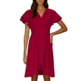 thumbnail image 5 of Ashirexll Summer Dresses for Women Midi Dresses Women Elegant Solid Color V-Neck Waist Irregular Split Short Ruffle Sleeve Dress, 5 of 7