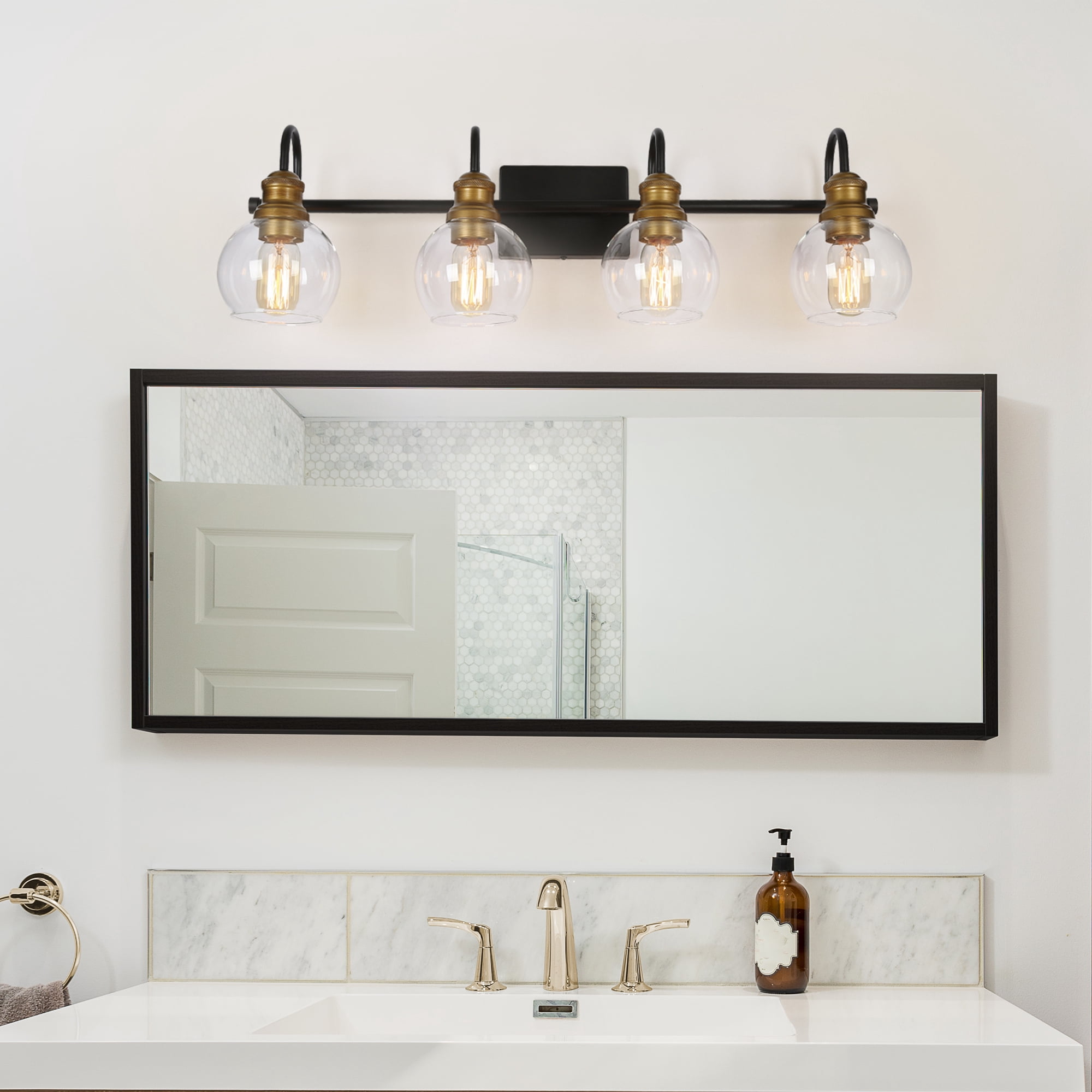 LNC 4-Light Modern/Farmhouse Matte Black and Gold And Globe Clear Glass LED Vanity Light For Bathroom