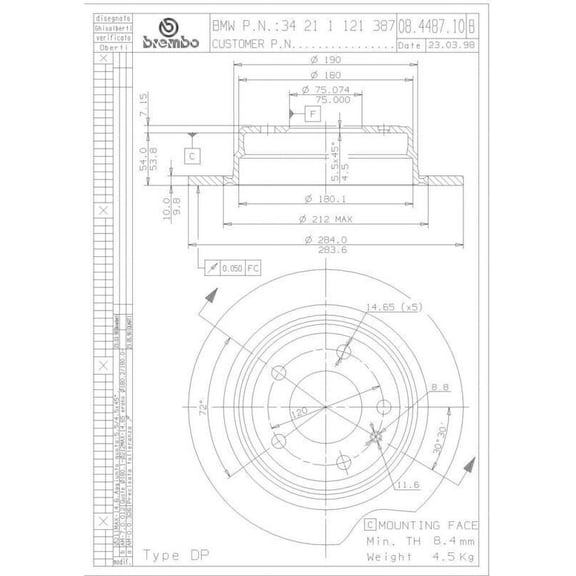 Brembo 08.4487.10 Disc Brake Rotor Fits select: 1988 BMW 528 E, 1987 BMW 535 I