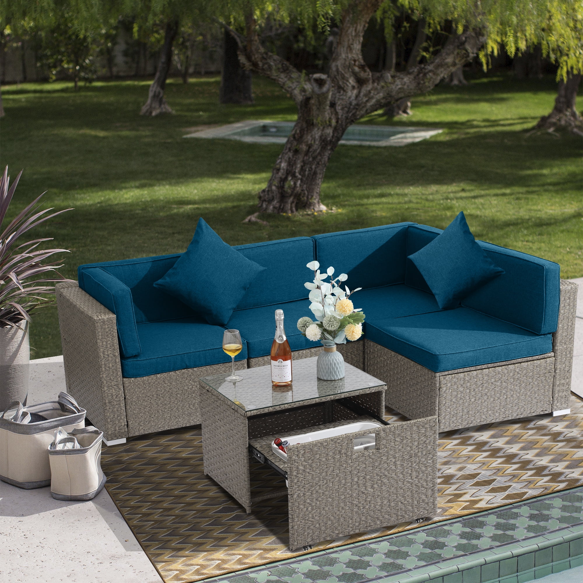 SOLAURA Outdoor 4-Piece Furniture Sectional Sofa Set All Weather Warm Grey Wicker with Nautical Navy Blue Cushions & Sophisticated Glass Coffee Table Conversation Set 