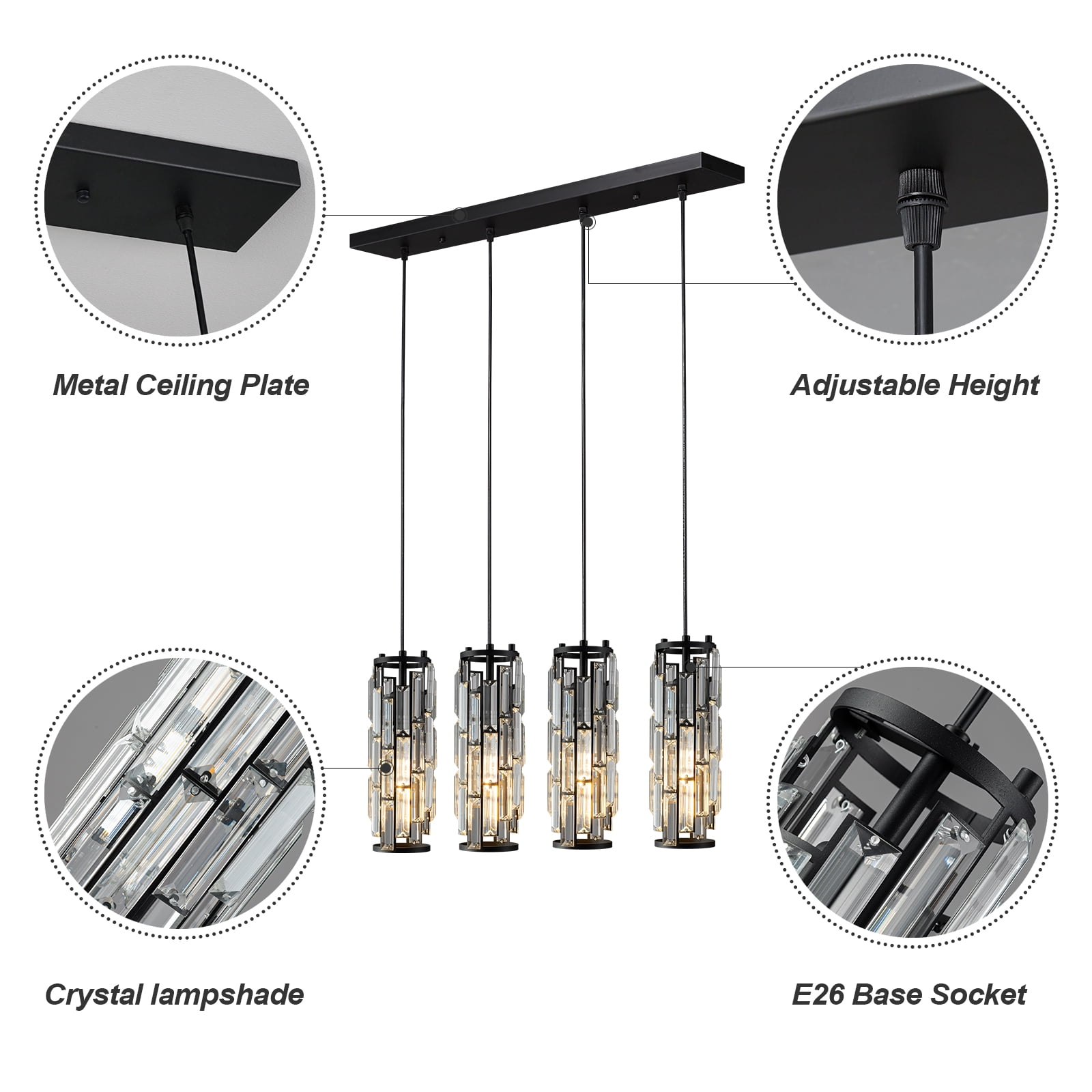 Mini Crystal Chandeliers Adjustable Pendant Light Modern Black Pendant Light Fixture for Living Room, Dinning Room, Kitchen Island and Bedroom(4-light)