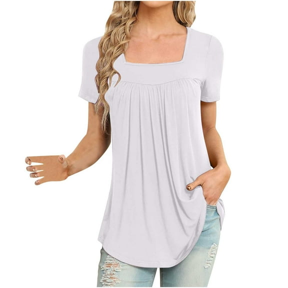 Women Floral Print Square Neck Tops Short Sleeve Pleated Flowy Swing Tunic Top Tshirts Curved Hem Dressy Blouses (X-Large, White 01)