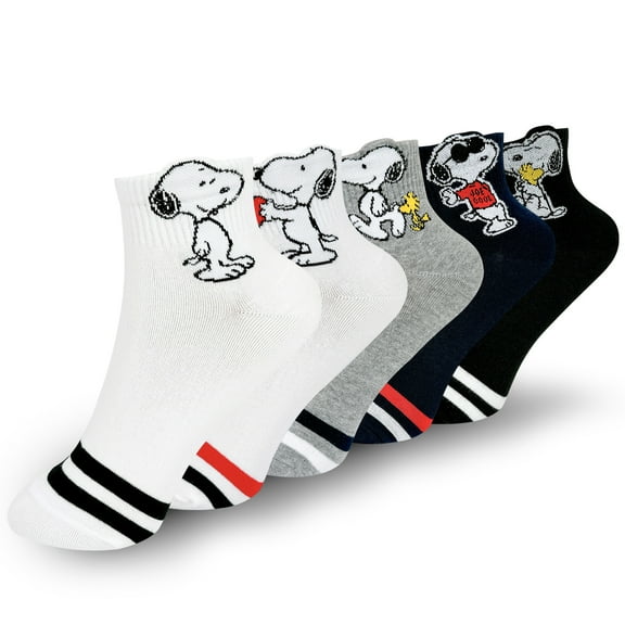 The Peanuts Character Ankle Socks Collection, 5 Pairs, Snoopy and Friends Design, White and Multi-Color