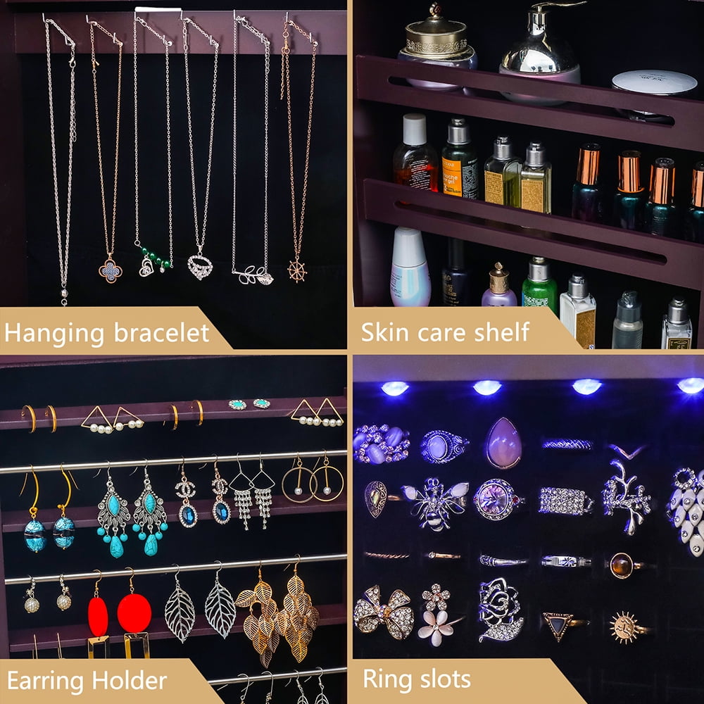 Jewelry Storage Mirror Cabinet, Nonfull Mirror Wooden Wall Mounted 4-layer Shelf, 6 Drawers, 8 Blue Led Lights