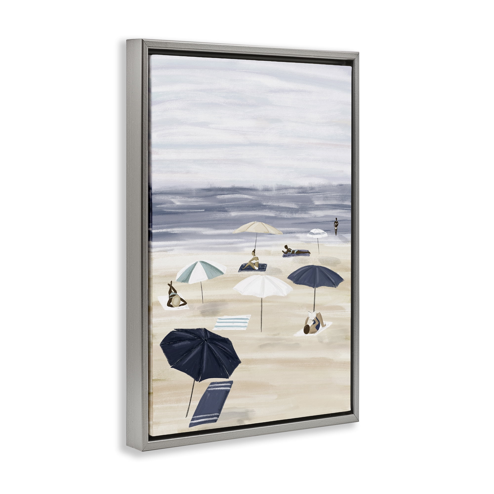 Stupell Industries Beachgoers with Umbrellas Nautical & Beach Painting Gray Floater Framed Canvas Art Print Wall Art, 17 x 25