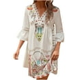 thumbnail image 2 of Blczomt 3/4 Sleeve Womens Holiday Dresses 2025 Casual Mini Graphic Beige A Line Loose Lace V Neck Dresses, 2 of 6