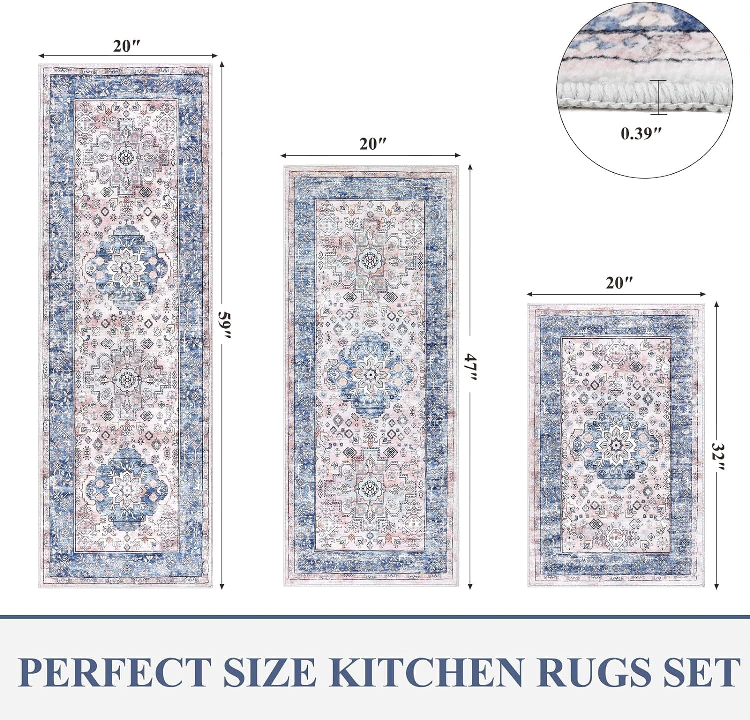 Kitchen Rugs and Mats, Yamaziot Kitchen Rug and Runners Set of 3, Anti Fatigue Mat for Floor, Washable Anti Slip Comfort Farmhouse Kitchen Runner Rug for Hallway Laundry Room Carpet, Blue